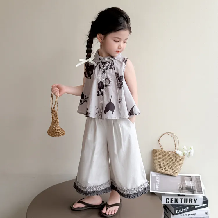 女童森系衬衫套装2025新款儿童夏装韩版洋气女孩夏季阔腿裤两件套