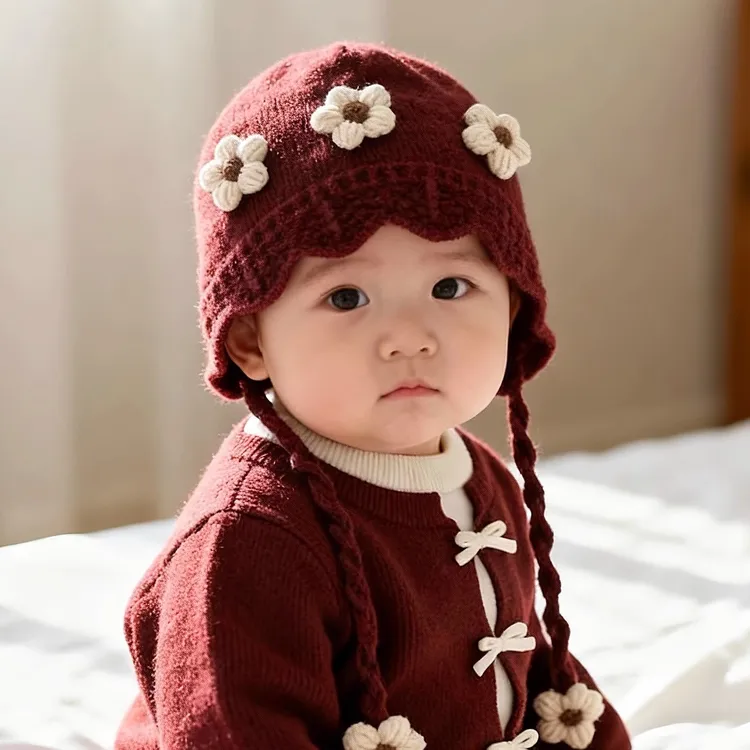 婴儿帽子秋冬季韩系花朵女孩加厚针织帽可爱洋气女宝宝护耳毛线帽