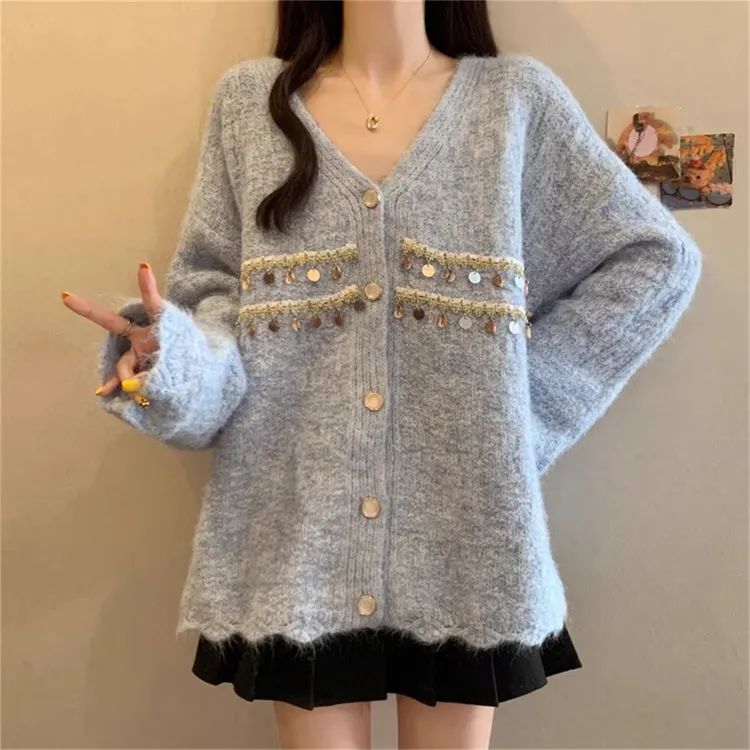 大码胖MM亮片V领针织开衫毛衣外套女秋冬韩系宽松显瘦设计感上衣