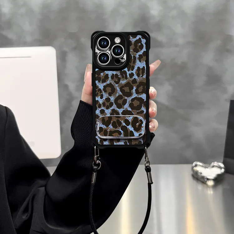 蓝豹纹适用苹果16promax四角挂绳皮纹手机壳vivo华为oppo小米15