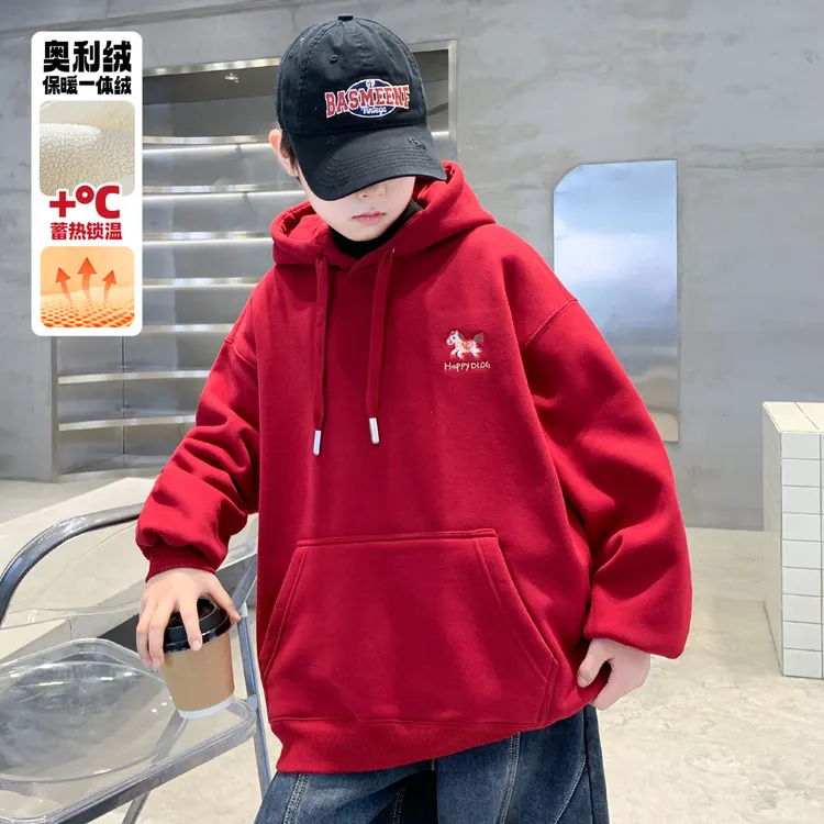 男童红色卫衣秋冬款2026新款儿童本命新年马年冬季加厚加绒拜年服