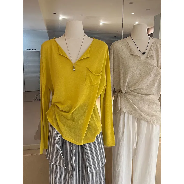 薄款针织衫上衣女高级感亚麻长袖v领 气质显瘦宽松慵懒风防晒罩衫