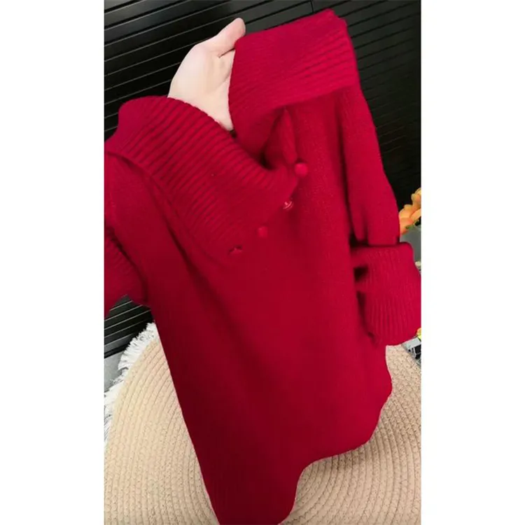 2025秋冬季韩系高级感翻领慵懒针织衫女大码胖MM宽松显瘦遮肉毛衣