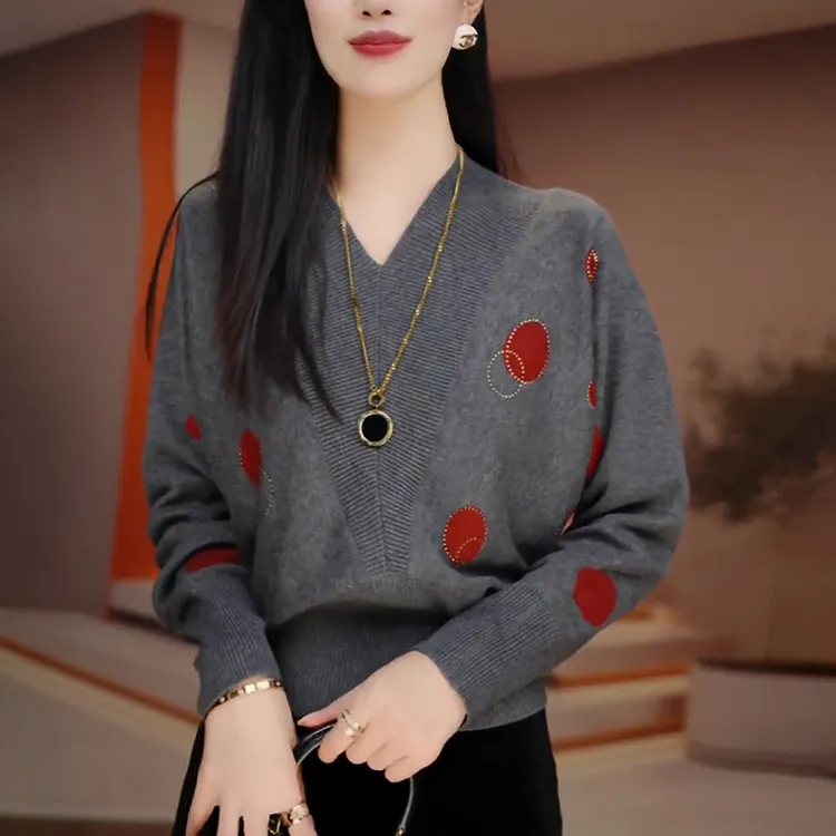 套头灰色v领针织衫女士2025秋季慵懒风洋气减龄收腰显瘦长袖上衣