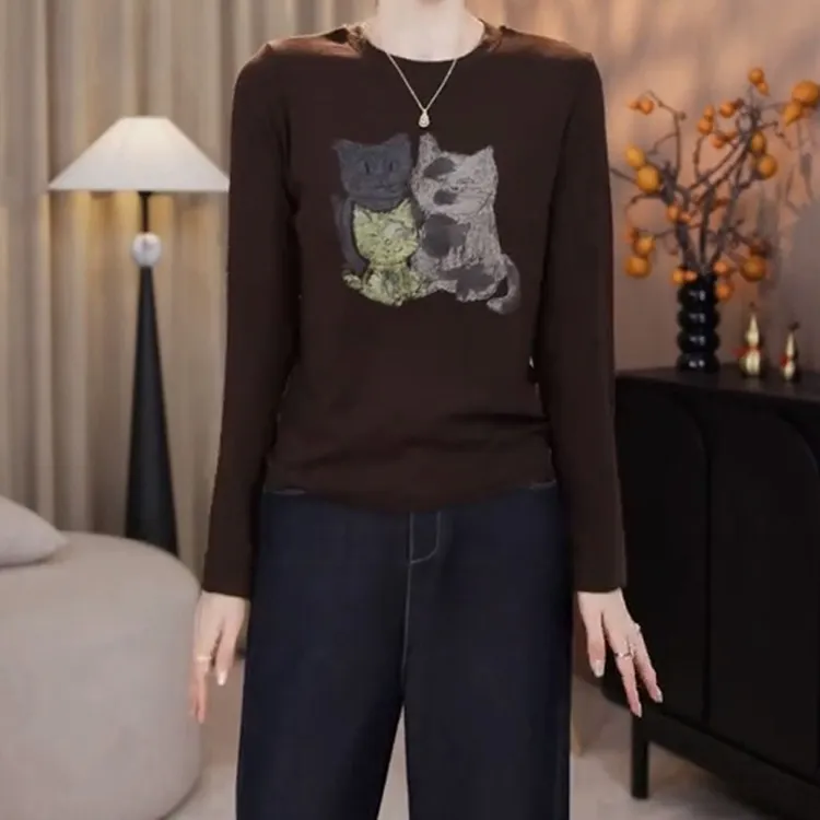 时尚修身显瘦印花圆领T恤女装2025年新款小个子巨好看的早秋上衣