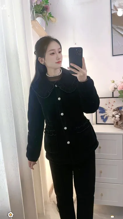 《黑花边娃娃领》外穿冷冬休闲睡衣家居服保暖套装01