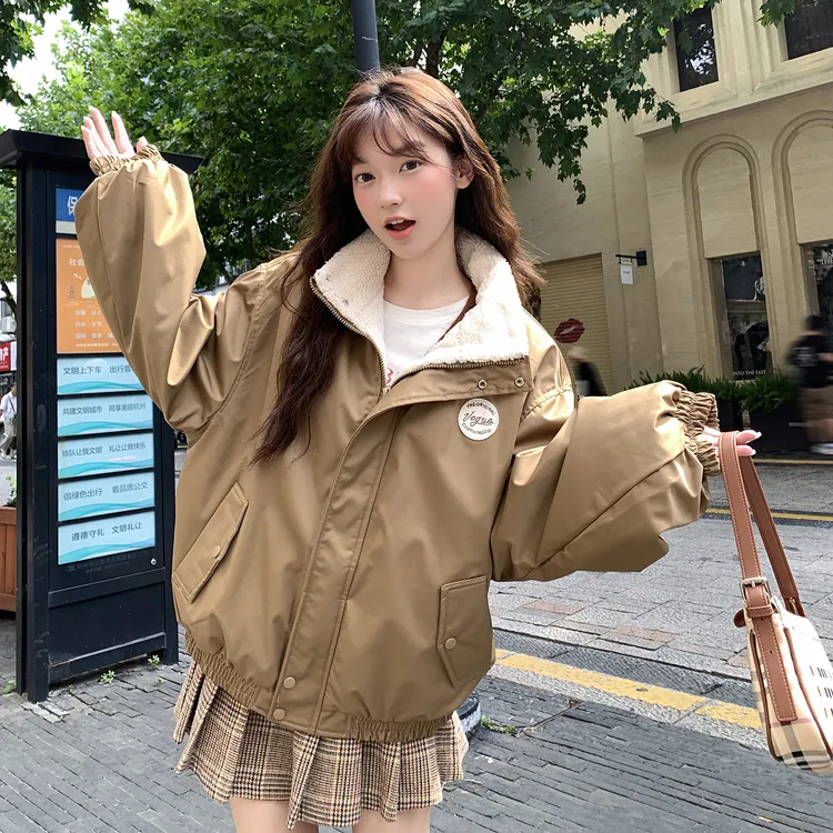 你好卡农 学院风徽章立领夹克女秋冬2025年新款宽松显瘦加绒外套
