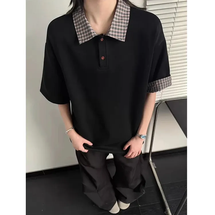 美式复古翻领格纹男士polo衫短袖t恤夏季高级感学院风穿搭潮t恤衫