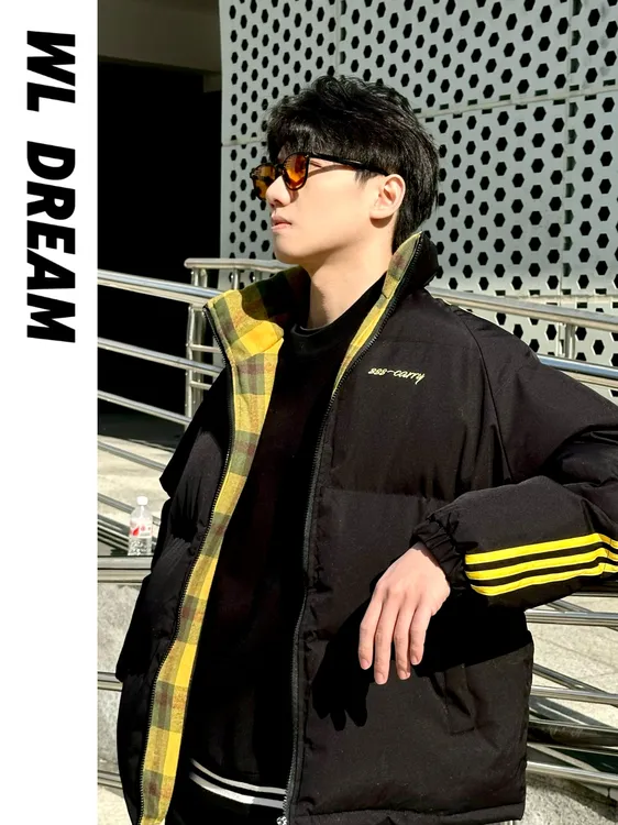 WL丨潮流冬季格子拼接织带条纹棉服加厚宽松情侣棉衣男士百搭保暖