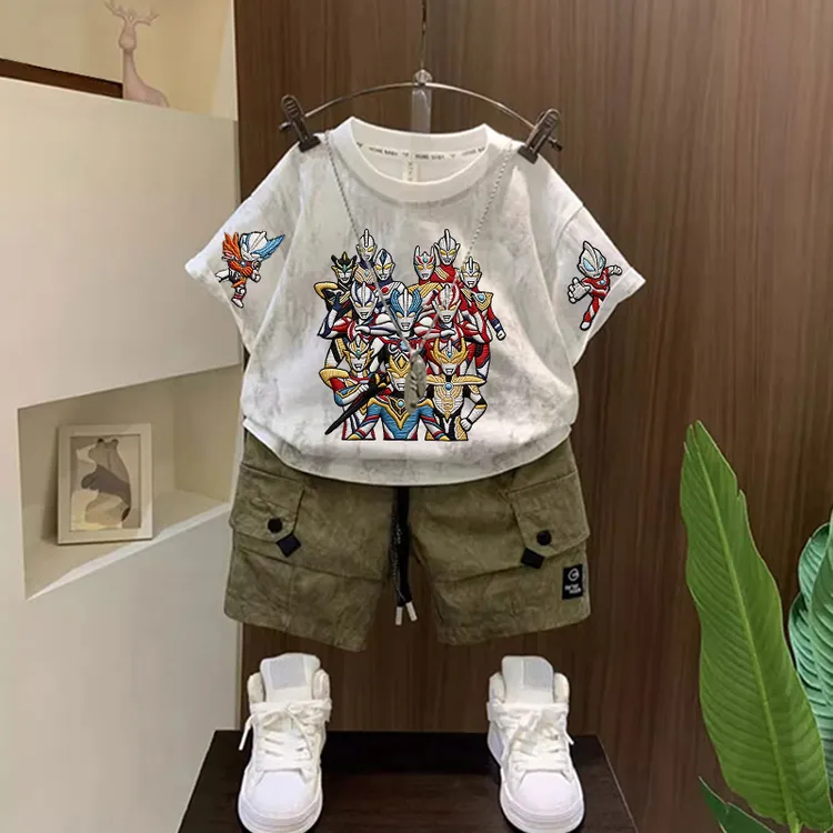 儿童套装扎染短袖夏季卡通奥特曼男童痞帅宝宝裤子洋气T恤两件套