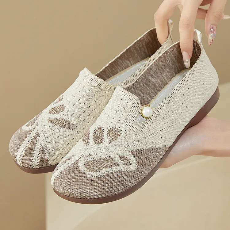 夏季老北京布鞋女士平底飞织网面平跟鞋透气圆头浅口豆豆鞋妈妈鞋