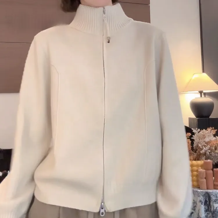 设计感双拉链立领百搭针织开衫女2025秋冬新款纯色高领长袖毛衣