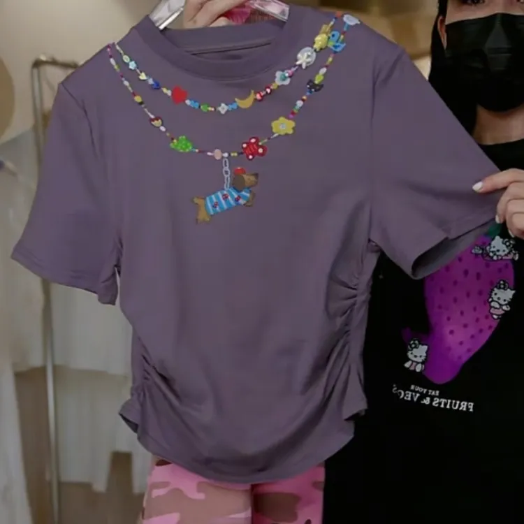 【济州岛】圆领卡通小狗印花褶皱收腰短袖