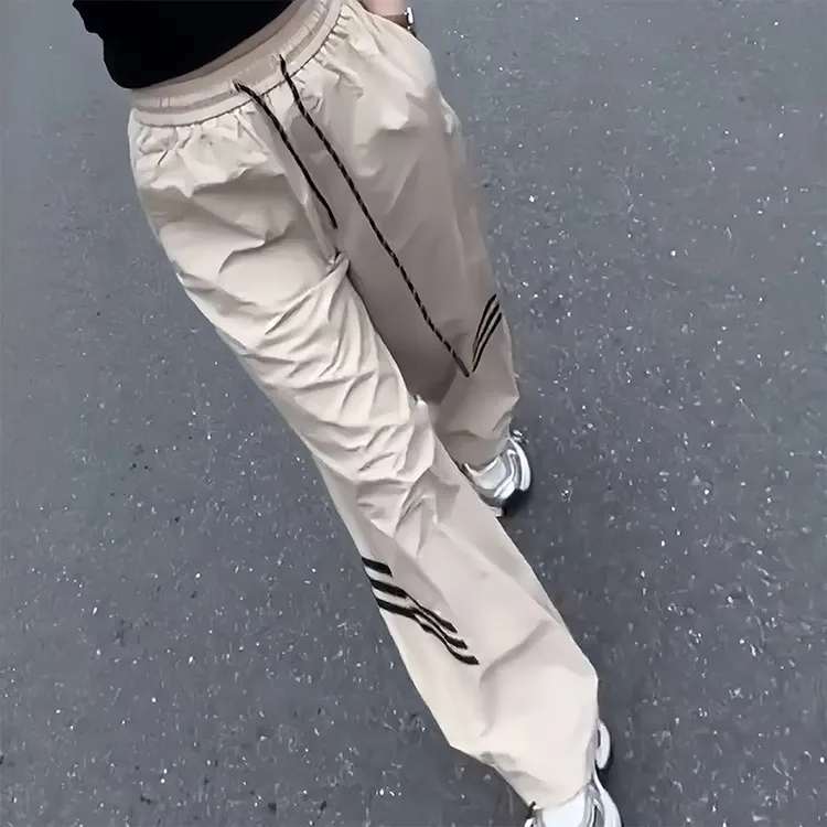 时尚别致高腰显瘦休闲裤女夏季设计抽绳松紧腰阔腿裤窄版直筒长裤