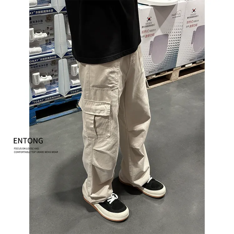 Entong美式大码工装裤子设计感大口袋宽松直筒高街男款卡其休闲裤
