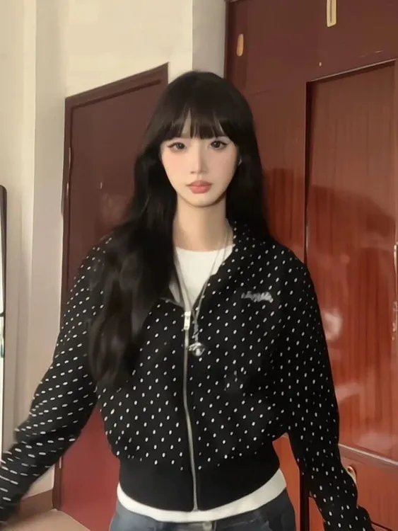 美式复古波点满印连帽短款卫衣女秋季2025新款甜辣妹休闲开衫外套