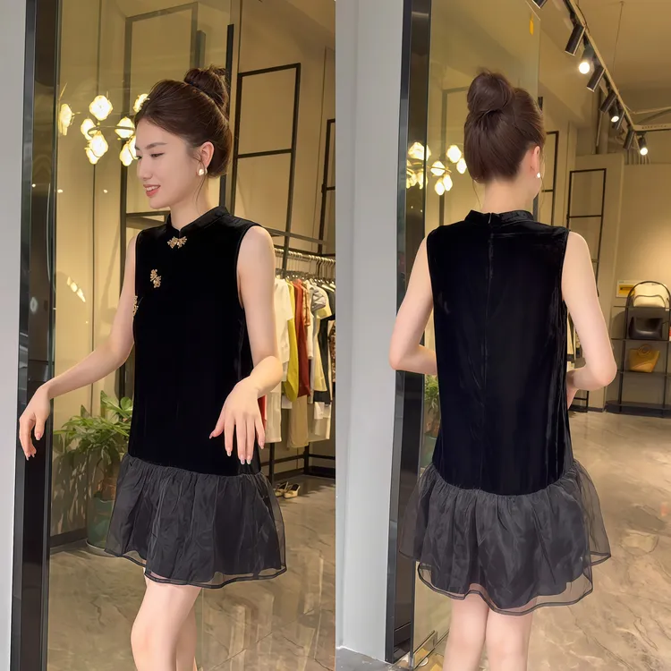2025夏季新中式斜襟无袖拼接丝绒连衣裙显瘦裙子时尚黑色经典百搭