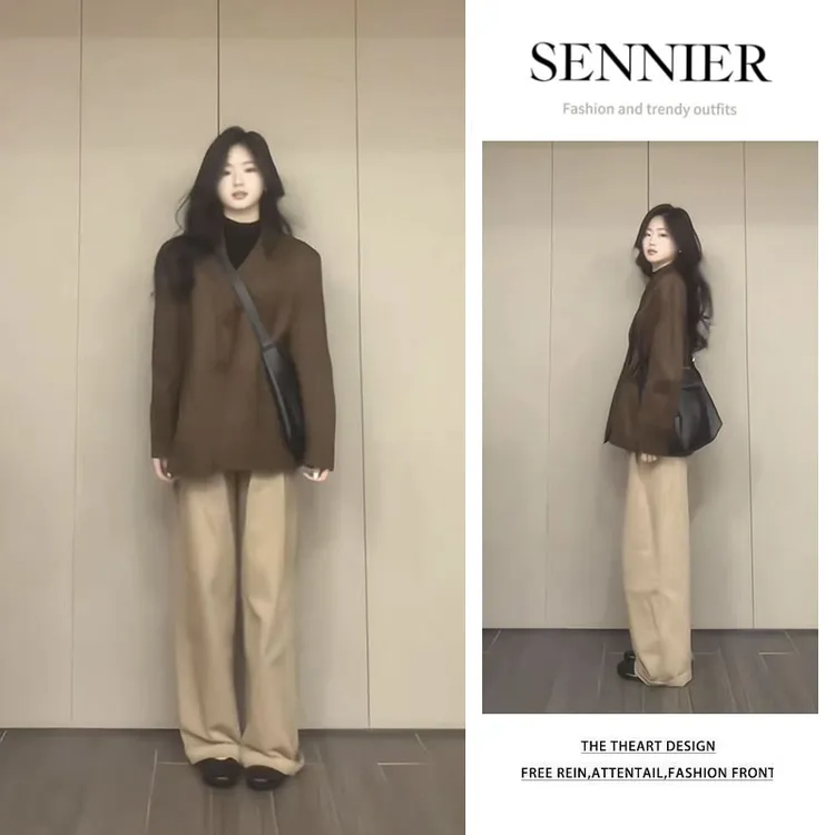 时尚穿搭2025秋季新款百搭宽松长袖纯色西装外套显瘦阔腿裤两件套