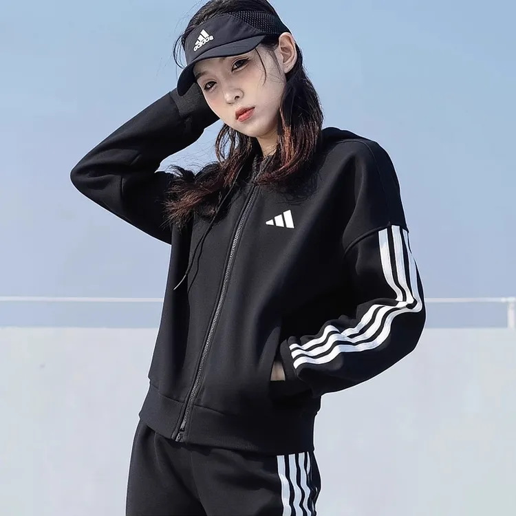 阿迪达斯连帽外套女2025秋季新款美式棒球服三条杠运动服休闲夹克