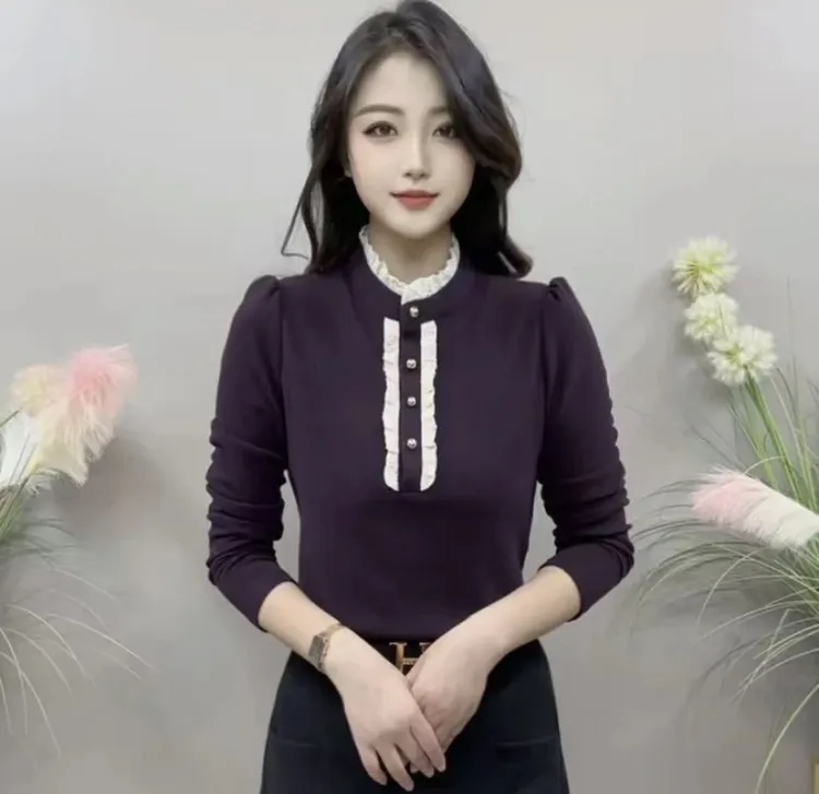 2025冬季新款时尚木耳边蕾丝长袖衬衫洋气百搭气质减龄女士上衣