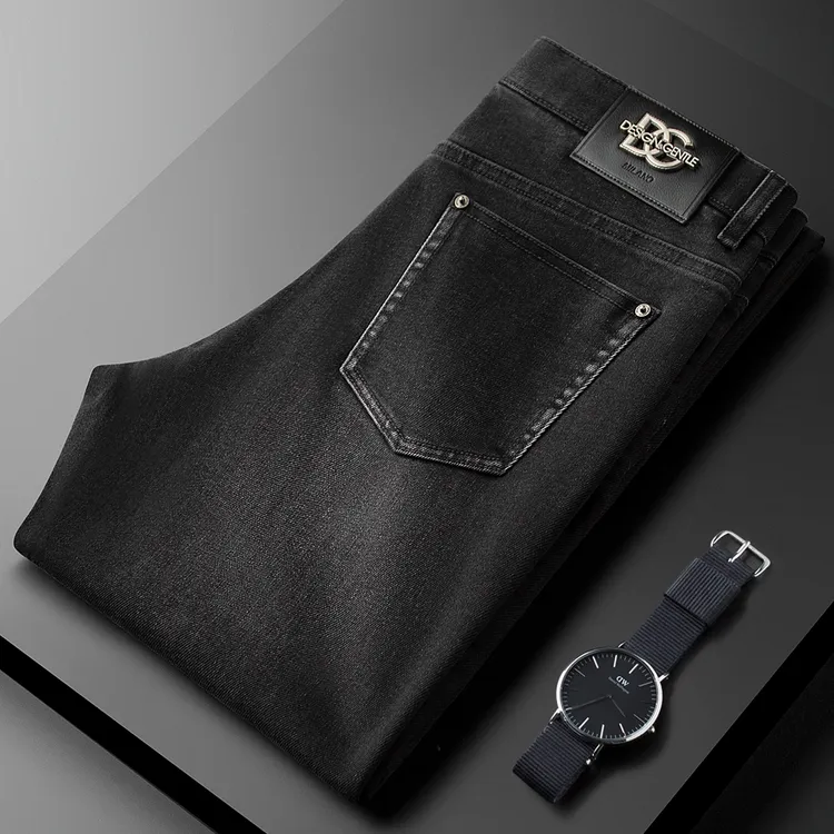 2025轻奢冬季厚款保暖高弹力高端欧货深灰色牛仔裤男直筒休闲裤男