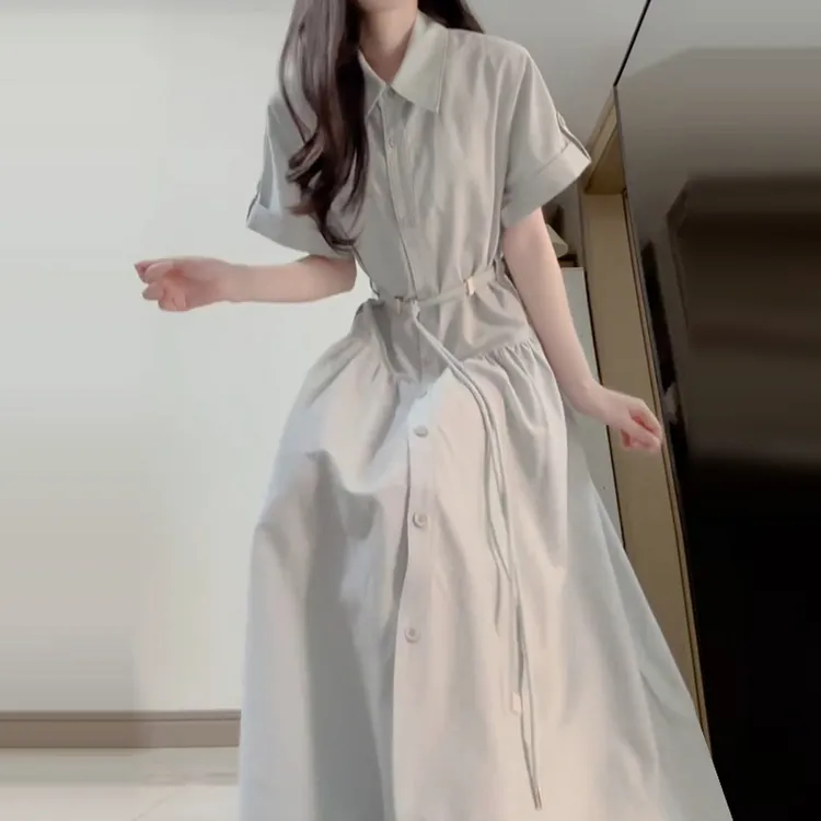 法式蓝色衬衫连衣裙子女夏季2025新款学院风气质通勤穿搭收腰长裙