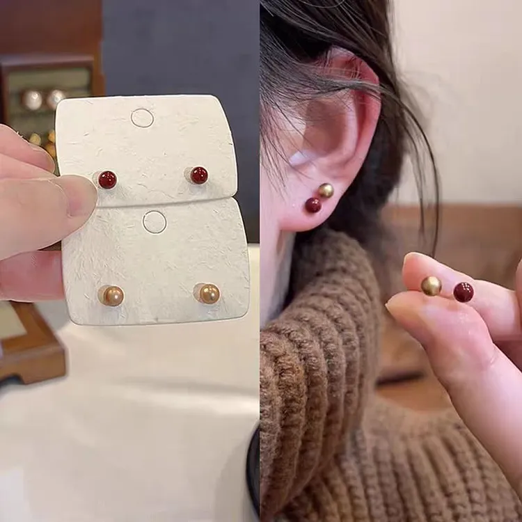 耳饰红色咖金色珠珠耳钉四件套小巧精致简约养耳洞耳环女