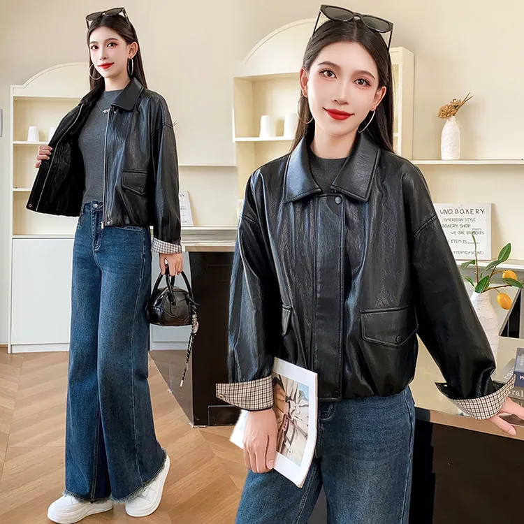 休闲短款翻领PU皮衣女2025秋季新款宽松型洋气减龄皮夹克段外套潮