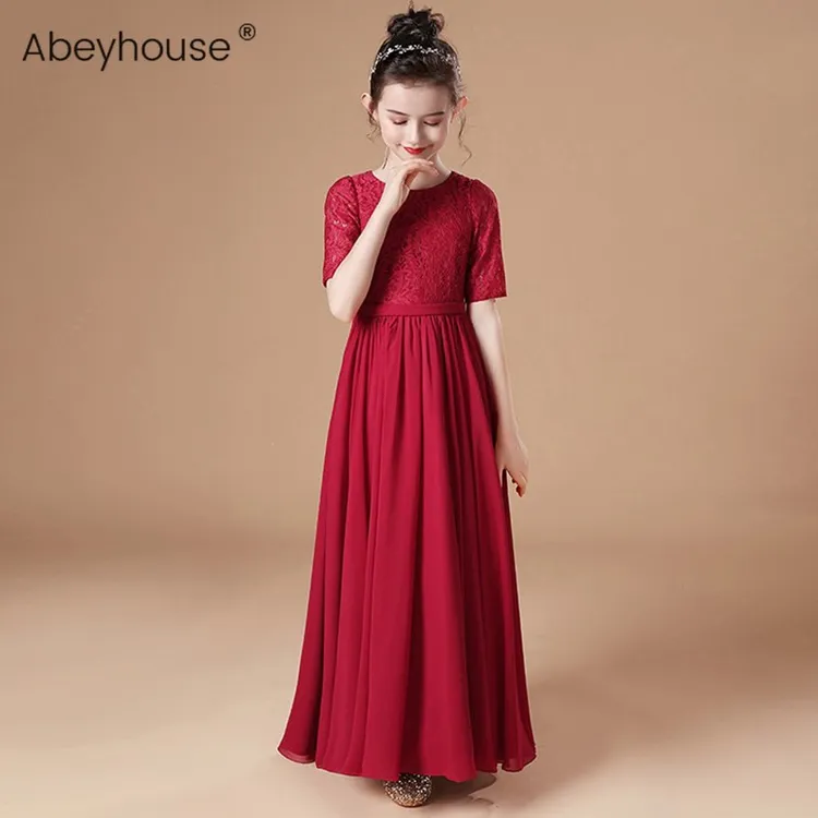 女童小提琴演奏服中大童高端晚礼服儿童酒红色主持人雪纺长裙春夏