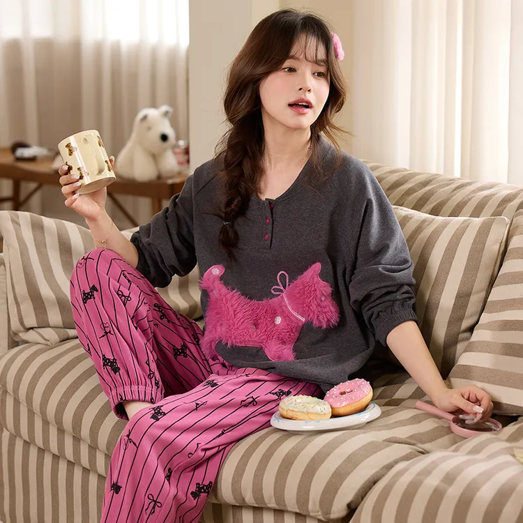 套头长袖睡衣秋冬女羊毛蚕丝保暖卡通休闲可爱两件套可外穿家居服