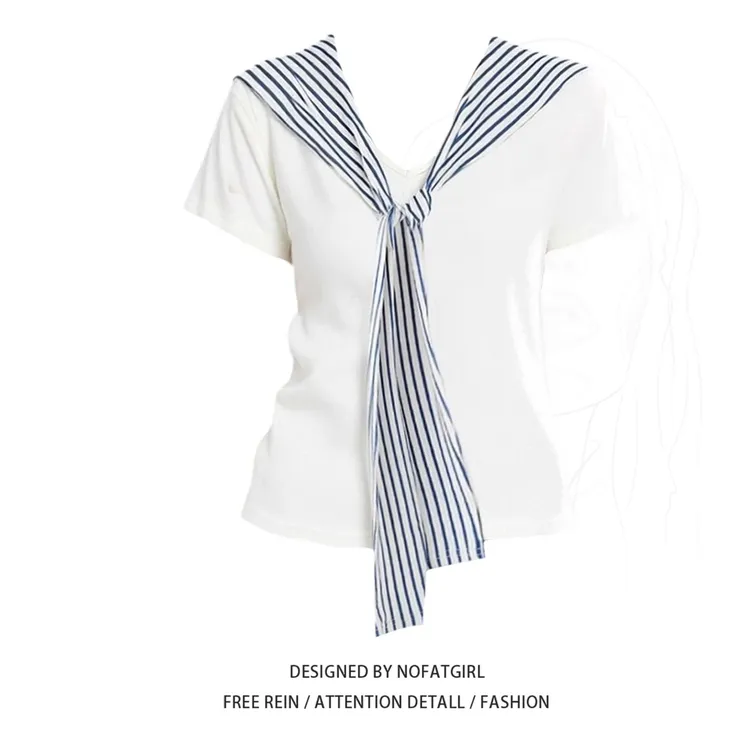 大码胖妹妹白色海军领短袖t恤女正肩夏季设计感V领修身显瘦短上衣