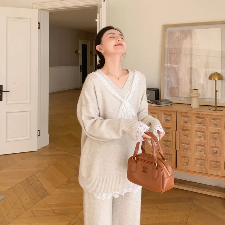 ZMA孕妇装【蕾丝拼接套】春秋时尚秋季气质穿搭针织毛衣直筒裤外穿