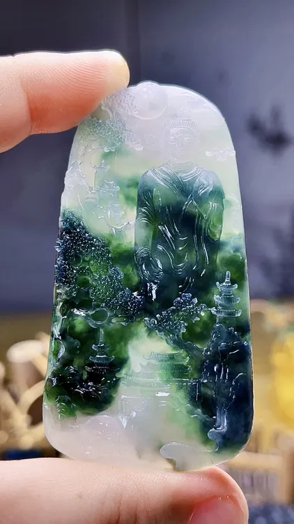 天然缅甸翡翠起冰胶蓝水阿弥陀佛毛货买断需抛光尺寸72-37-6.3