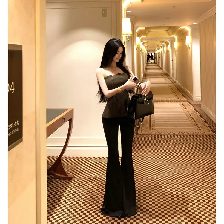 2025夏季新款ins气质清冷御姐范不规则收腰抹胸女+高腰微喇长裤女