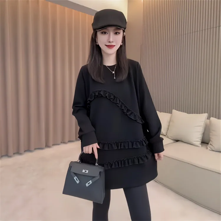 连衣裙韩版荷叶边高级感百褶拼接圆领减龄长袖2025秋季新款卫衣裙