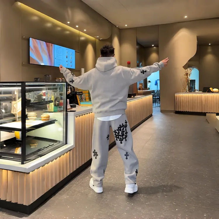 YULE语乐高街贴皮十字花设计弯刀卫裤秋冬加厚连帽卫衣套装