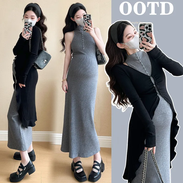 2025春秋新款孕妇装连衣裙时尚韩版高级感修身开衫外套显瘦背心裙