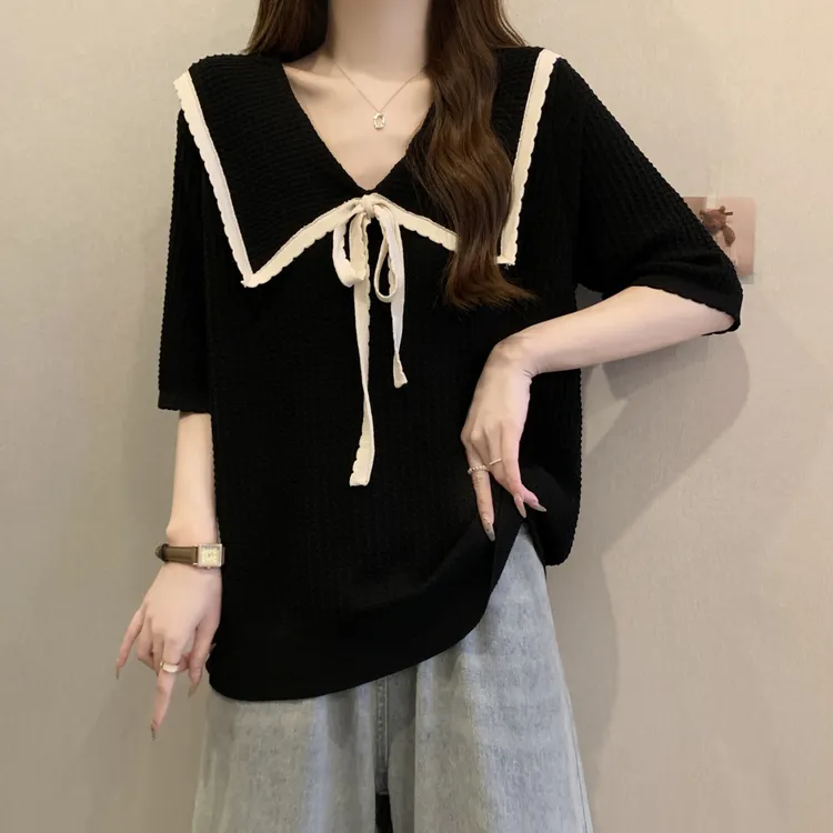 大码女装韩版冰丝短袖针织打底衫女夏季胖妹妹显瘦娃娃领短袖上衣