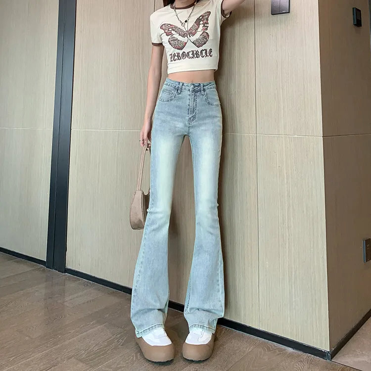 水洗蓝浅色系春秋季新款美式微喇牛仔裤女高腰显瘦小个子喇叭裤