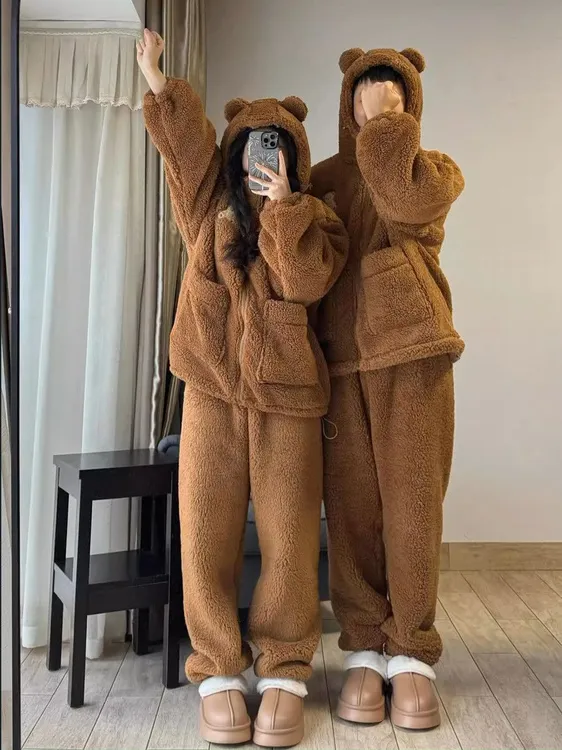 2024情侣款拉链睡衣秋冬季家居服加厚套装可外穿女居家睡衣