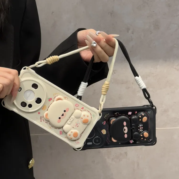 BANCA小熊镜子支架适用苹果16四角挂绳手机壳华为oppo小米15vivo