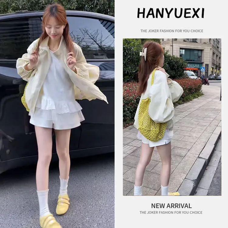 今年流行穿搭一整套2025新款立领设计夹克外套花边打底短裤三件套