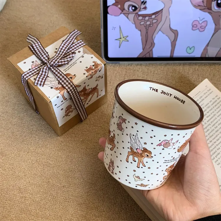 日式星夜麋鹿陶瓷手握杯小众高颜值水杯精致漂亮的咖啡杯马克杯L