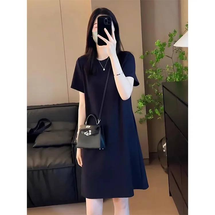 法式爆款高级感短袖黑色连衣裙女2025夏季宽松显瘦气质个性中长裙