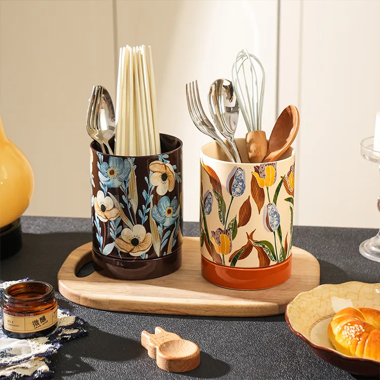 舍里中式复古筷子笼高档家用厨房筷子筒沥水防霉陶瓷筷子笼筷子桶