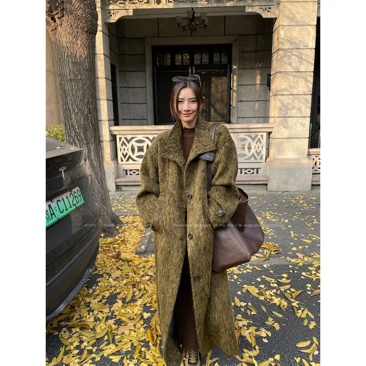 JCCC影子【冬青时节】青苔藓极简立领苏力羊驼毛混纺长款大衣外套