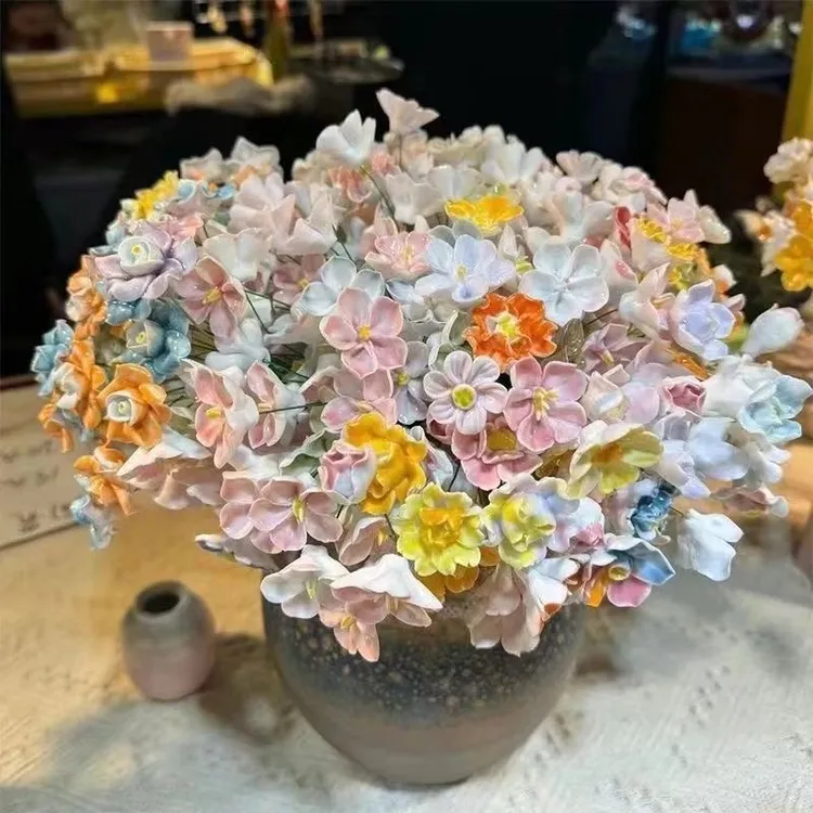 景德镇陶瓷花朵手工瓷花桌面小摆件防过敏永生花手捏花陶瓷花束