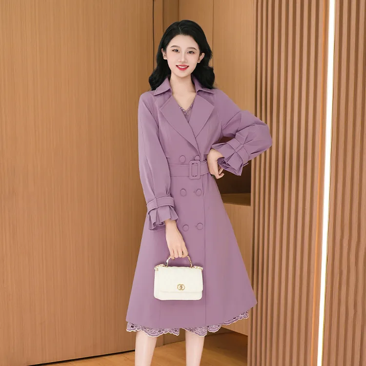 琪琪女装新款时尚大气减龄休闲收腰显瘦韩版风衣外套中长款27324