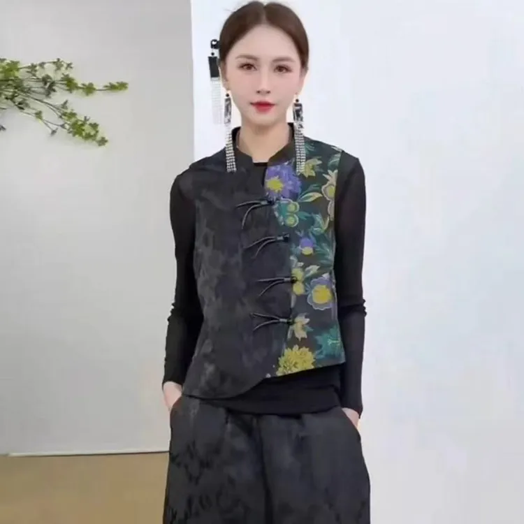 8813#时尚气质新中式复古百搭提花拼接印花马夹两件套套装      