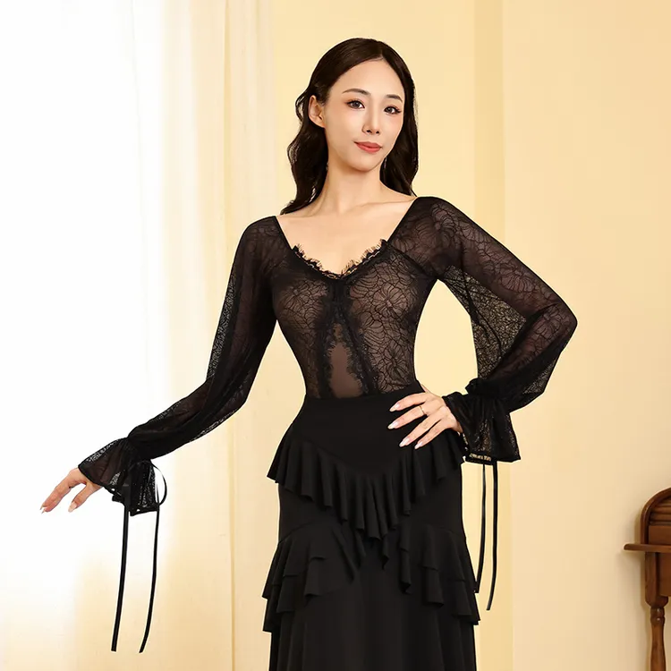 贝蒂BD舞服新款蕾丝花边拼接练功服荷叶袖气质女摩登舞服上衣MD45